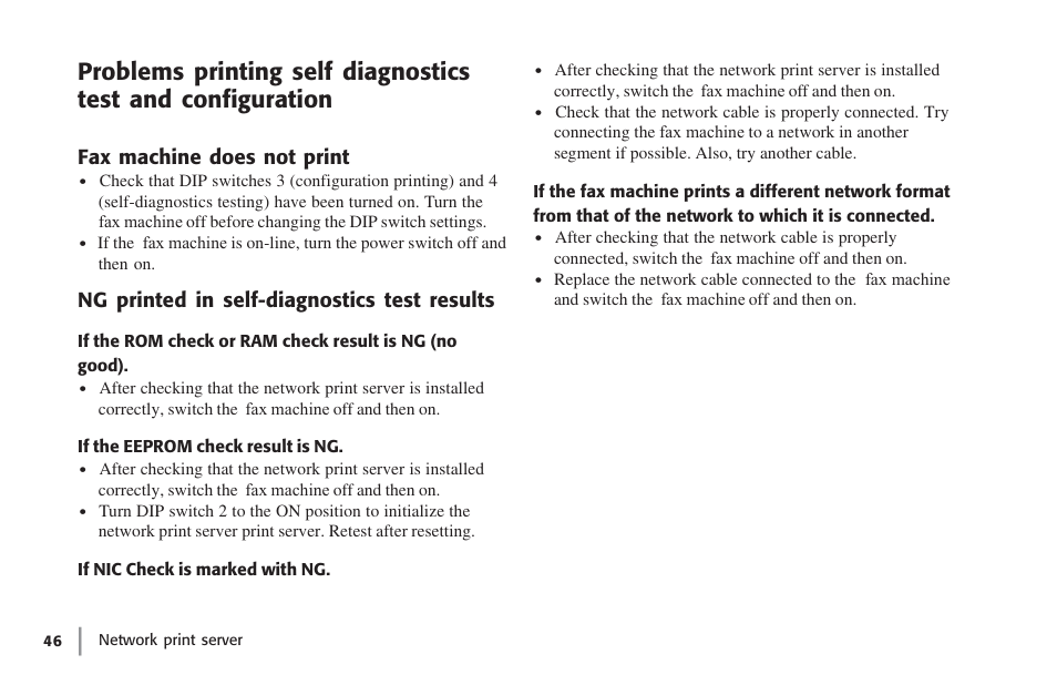 Fax machine does not print, Ng printed in self-diagnostics test results, If the eeprom check result is ng | If nic check is marked with ng, That of the network to which it is connected | Oki lan 7100e+ User Manual | Page 46 / 50