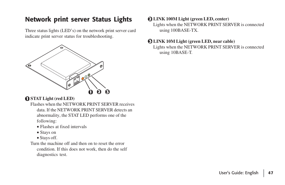 Network print server status lights | Oki lan 7100e+ User Manual | Page 47 / 50