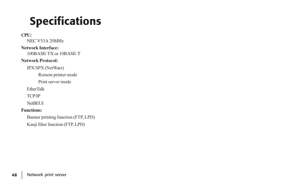 Specifications, Specifications 8 | Oki lan 7100e+ User Manual | Page 48 / 50