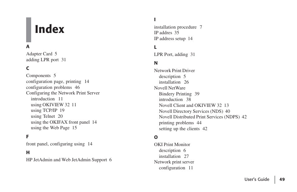 Index, Index 9, Overview | Oki lan 7100e+ User Manual | Page 49 / 50