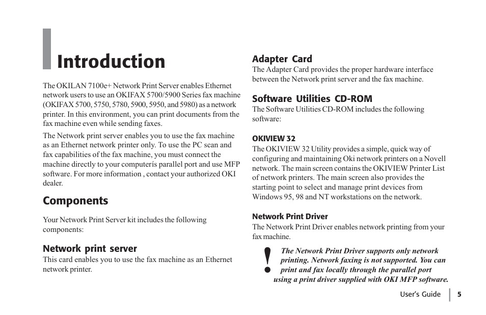 Introduction, Components, Network print server | Adapter card, Software utilities cd-rom, Okiview 32, Network print driver, Okiview 32 network print driver, Overview | Oki lan 7100e+ User Manual | Page 5 / 50