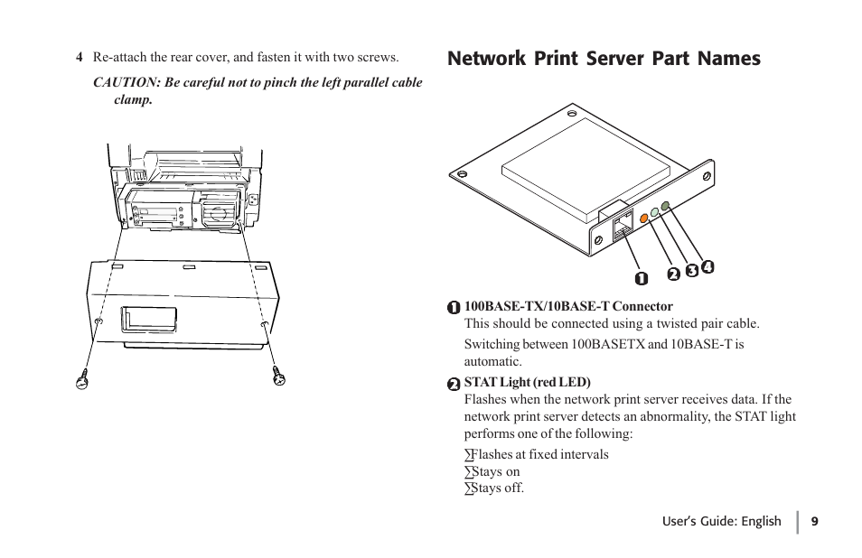 Network print server part names | Oki lan 7100e+ User Manual | Page 9 / 50