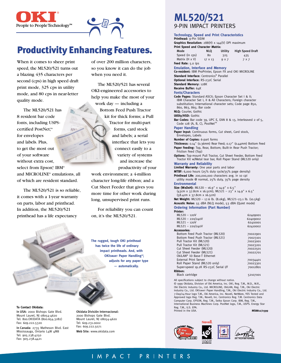 Productivity enhancing features, Pin impact printers | Oki 521 User Manual | Page 2 / 2