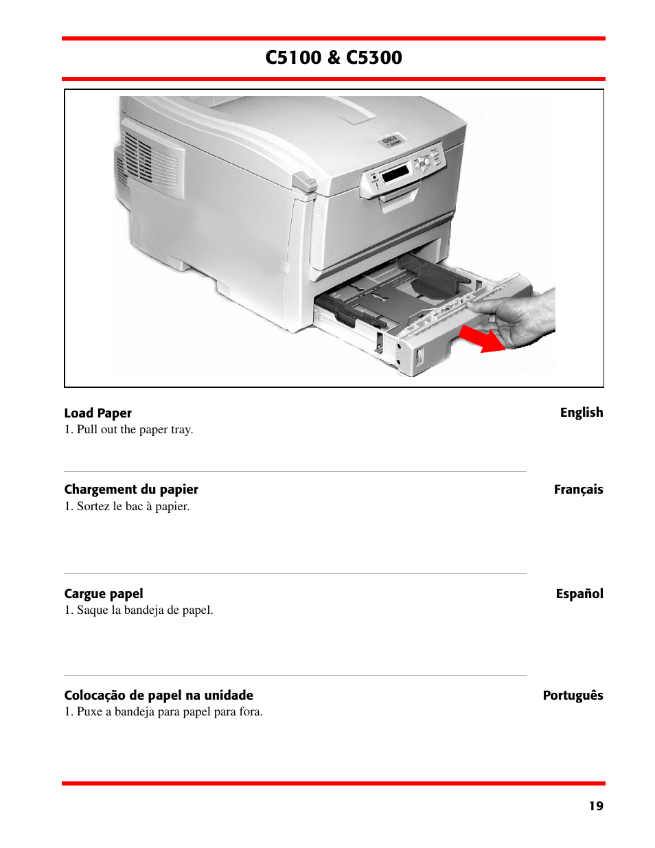 Load paper, Chargement du papier, Cargue papel | Colocação de papel na unidade | Oki C5300 User Manual | Page 19 / 28