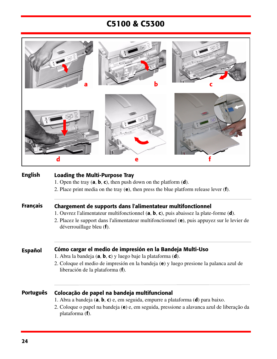 Loading the multipurpose tray, Colocação de papel na bandeja multifuncional | Oki C5300 User Manual | Page 24 / 28