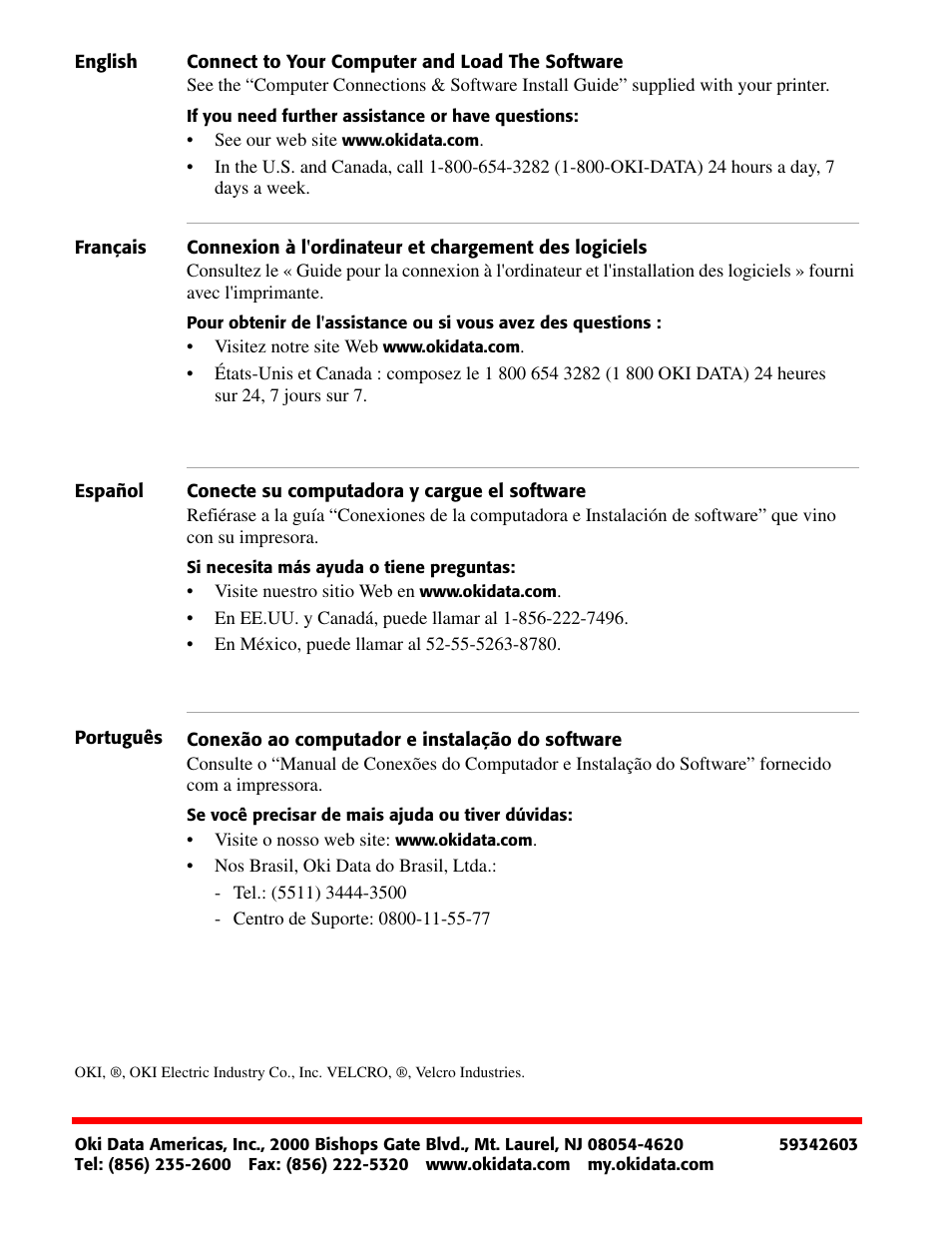 Connect to your computer and load the software, Conecte su computadora y cargue el software, Conexão ao computador e instalação do software | Oki C5300 User Manual | Page 28 / 28