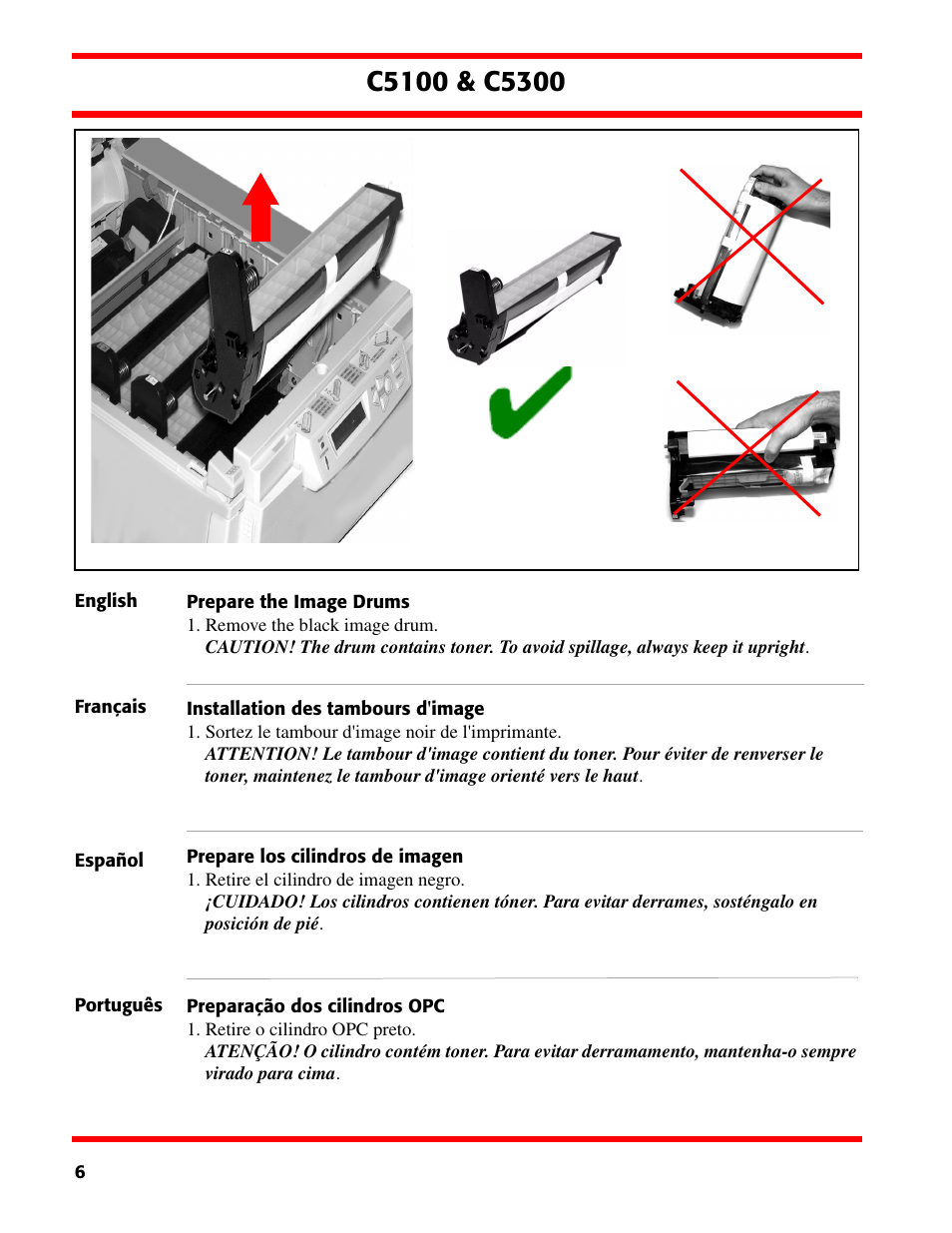 Prepare the image drums, Installation des tambours d'image, Prepare los cilindros de imagen | Preparação dos cilindros opc | Oki C5300 User Manual | Page 6 / 28