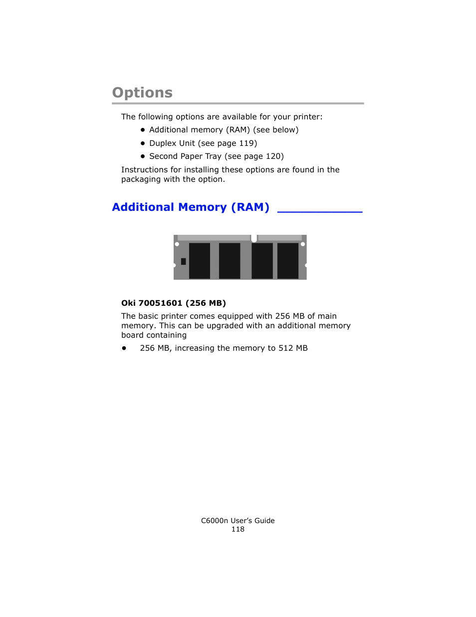 Options, Additional memory (ram) | Oki C 6000n User Manual | Page 118 / 324