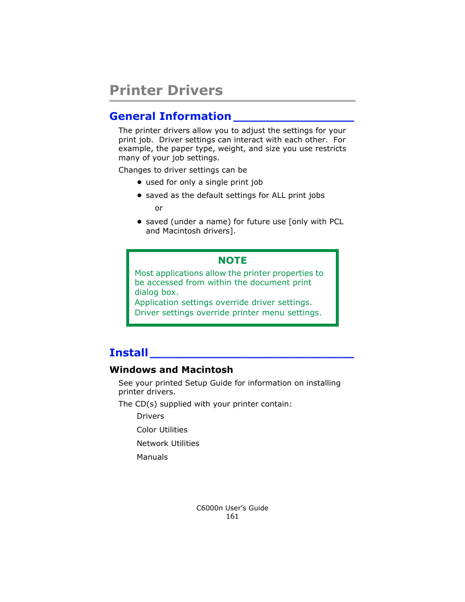 Printer drivers, General information, Install | Windows and macintosh | Oki C 6000n User Manual | Page 161 / 324