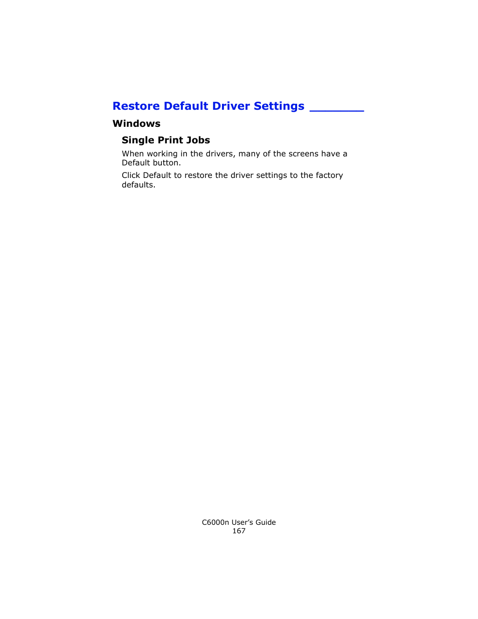 Restore default driver settings, Windows, Single print jobs | Oki C 6000n User Manual | Page 167 / 324