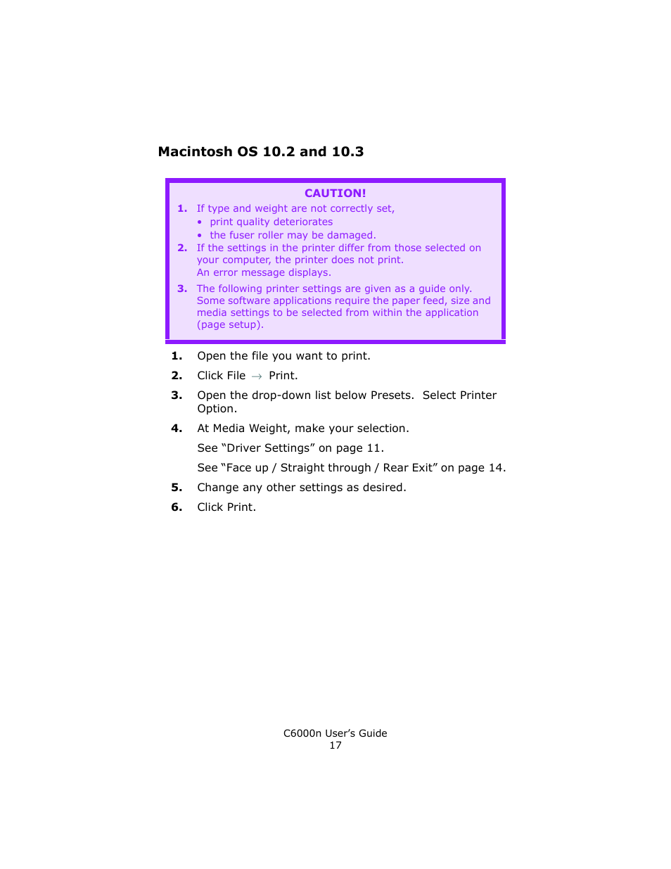 Macintosh os 10.2 and 10.3 | Oki C 6000n User Manual | Page 17 / 324