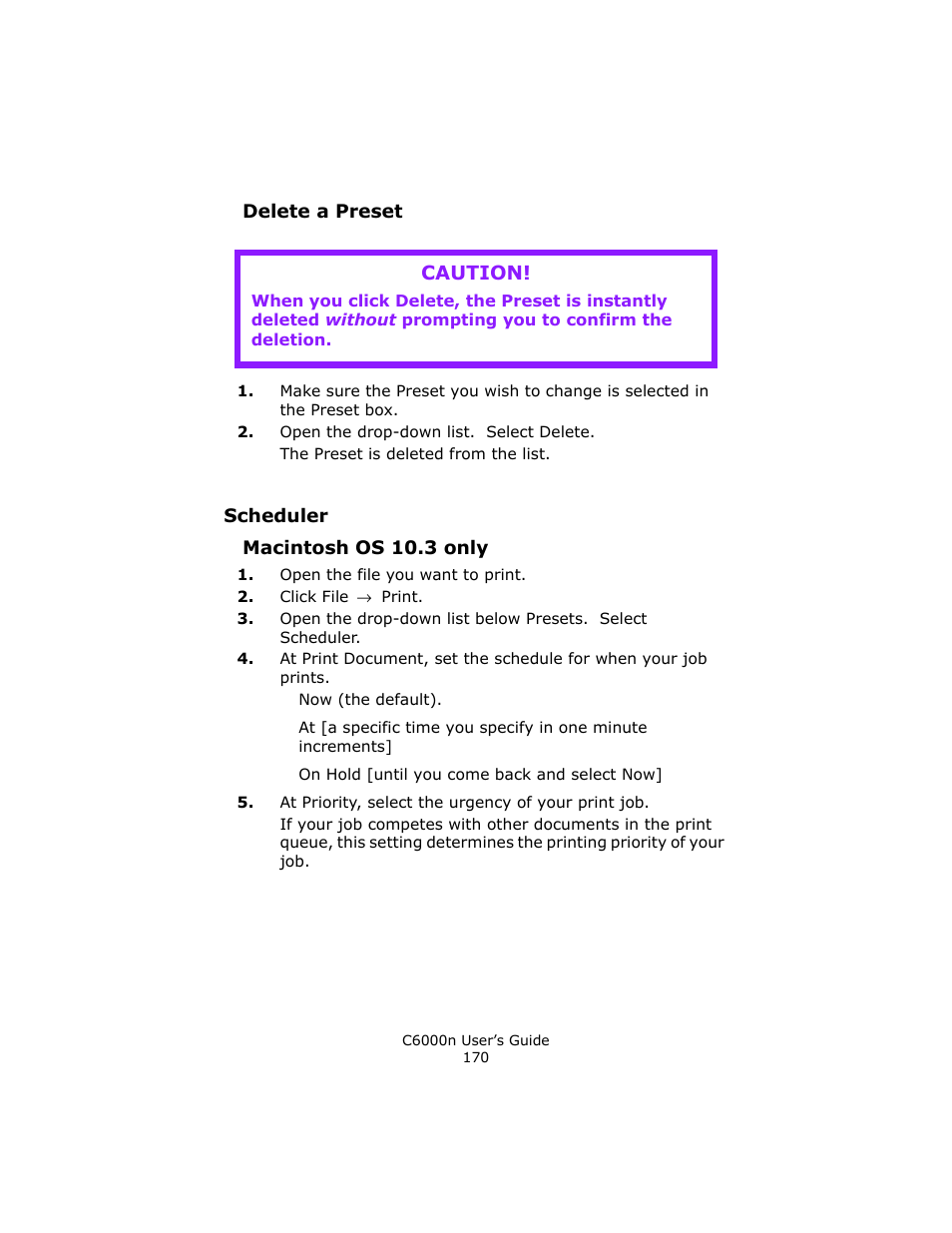 Delete a preset, Scheduler, Macintosh os 10.3 only | Caution | Oki C 6000n User Manual | Page 170 / 324