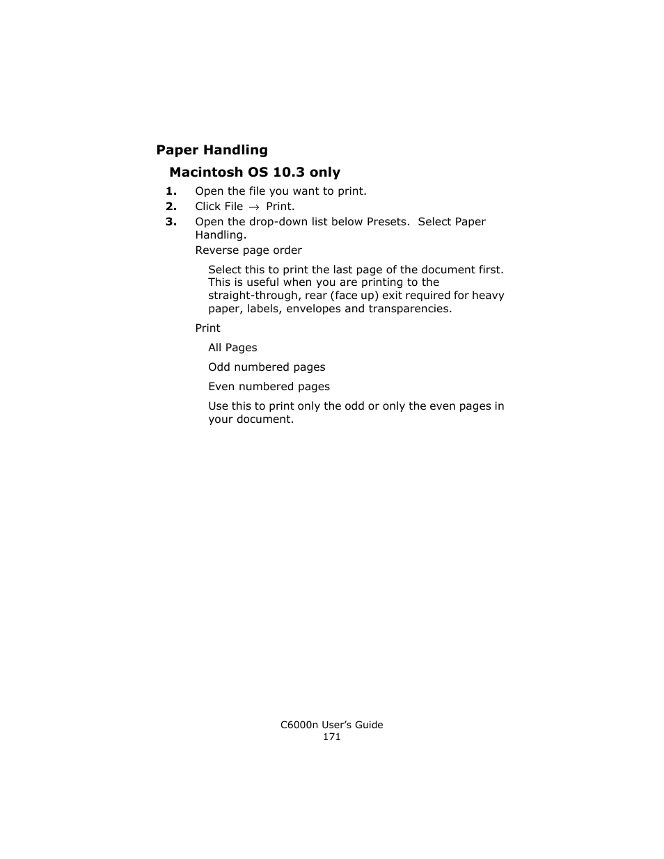 Paper handling, Macintosh os 10.3 only | Oki C 6000n User Manual | Page 171 / 324