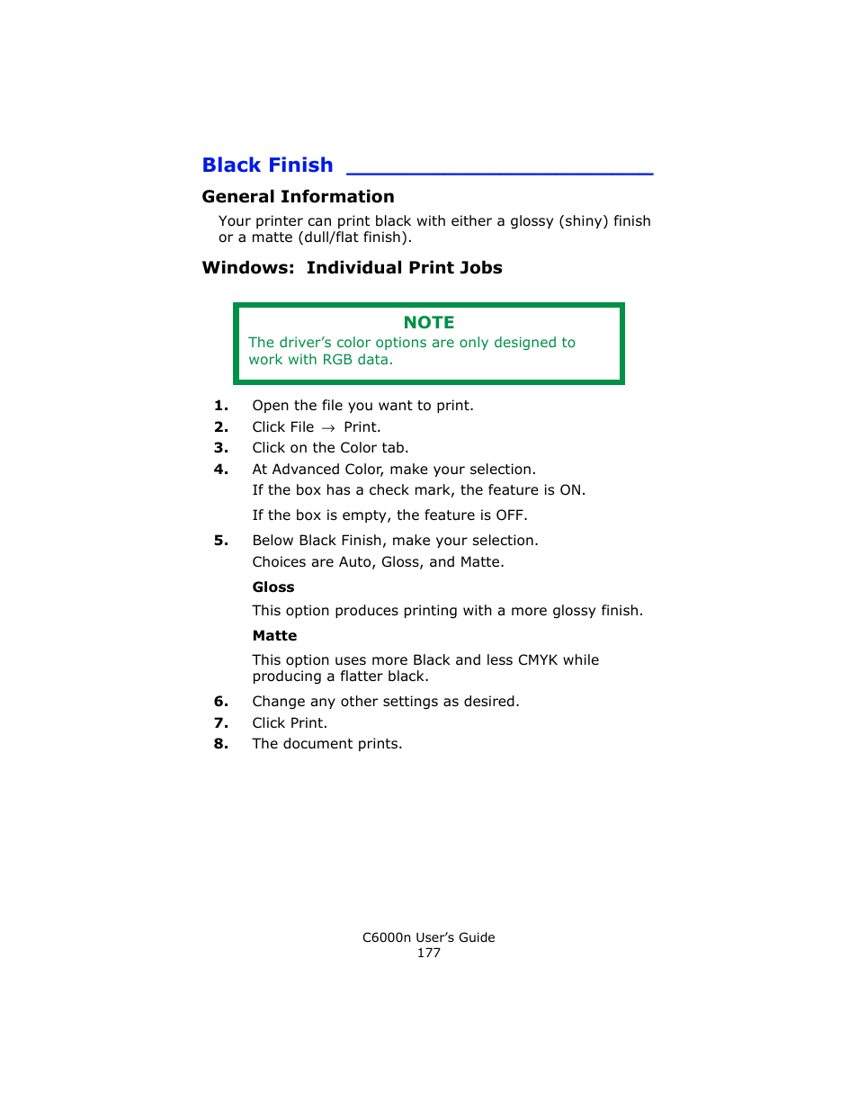 Black finish, General information, Windows: individual print jobs | Oki C 6000n User Manual | Page 177 / 324