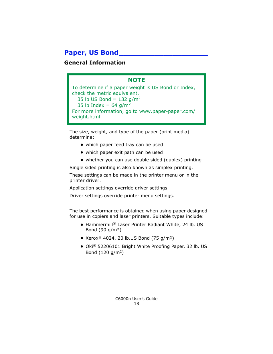Paper, us bond, General information | Oki C 6000n User Manual | Page 18 / 324