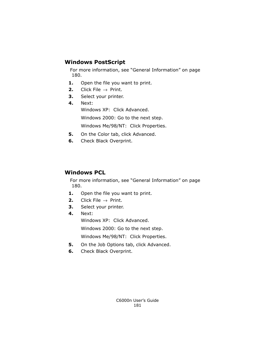 Windows postscript, Windows pcl | Oki C 6000n User Manual | Page 181 / 324