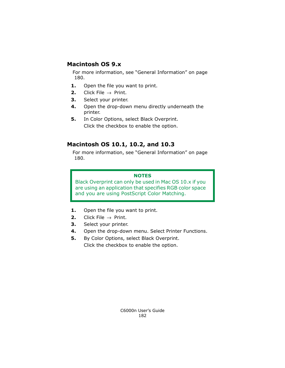 Macintosh os 9.x, Macintosh os 10.1, 10.2, and 10.3 | Oki C 6000n User Manual | Page 182 / 324