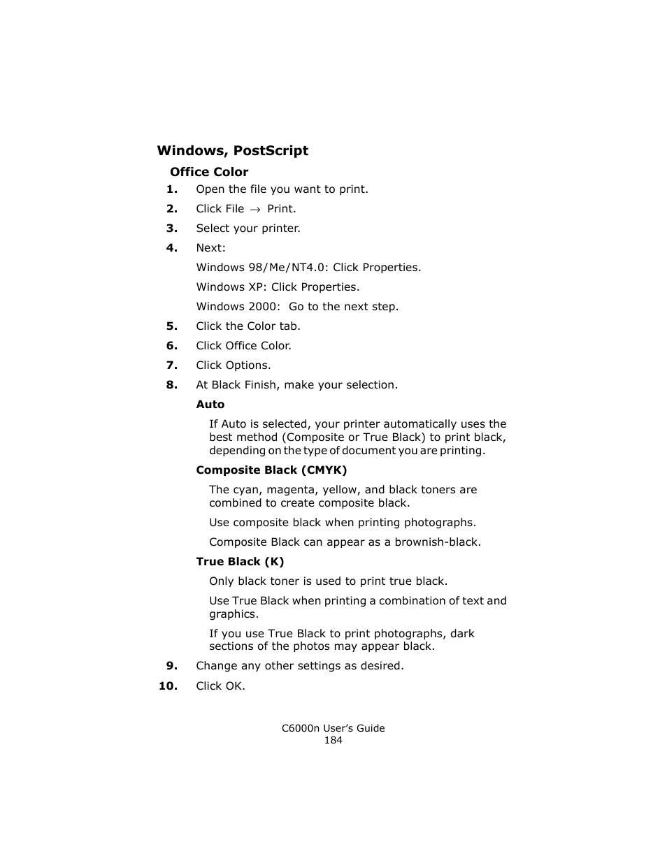 Windows, postscript, Office color | Oki C 6000n User Manual | Page 184 / 324