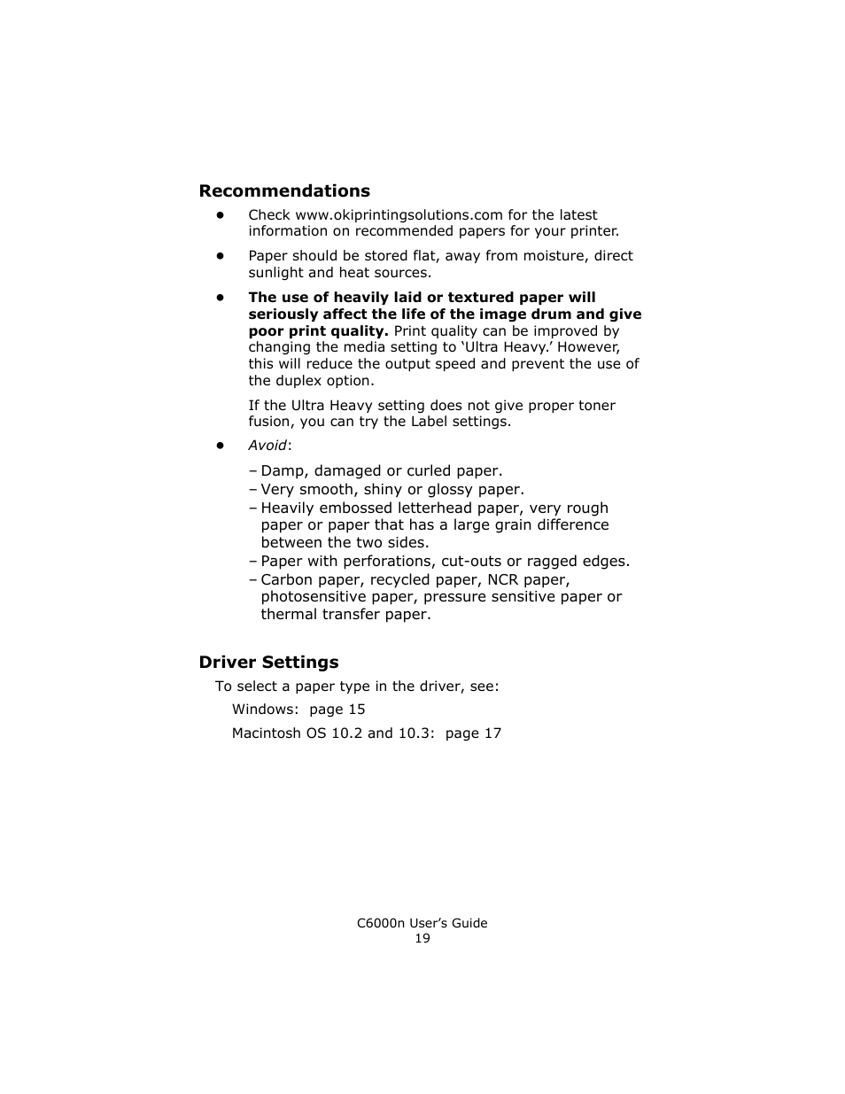 Recommendations, Driver settings | Oki C 6000n User Manual | Page 19 / 324