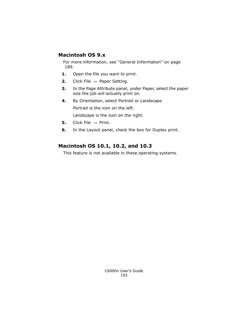 Macintosh os 9.x, Macintosh os 10.1, 10.2, and 10.3 | Oki C 6000n User Manual | Page 193 / 324