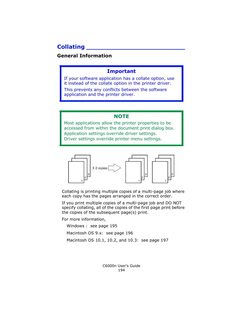 Collating, General information, Important | Oki C 6000n User Manual | Page 194 / 324