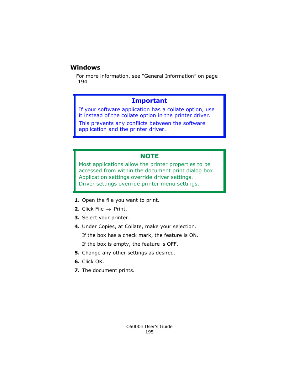 Windows, Important | Oki C 6000n User Manual | Page 195 / 324