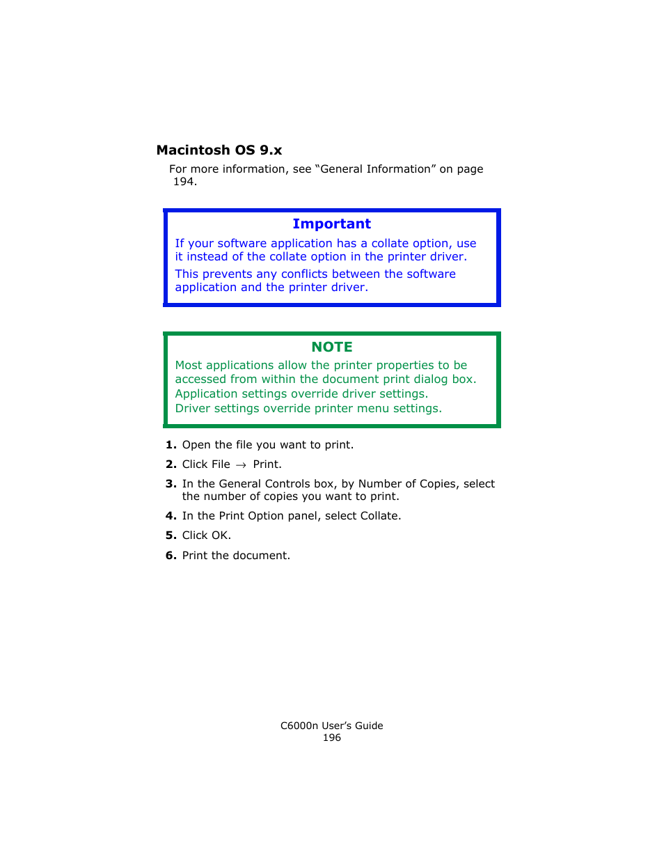 Macintosh os 9.x, Important | Oki C 6000n User Manual | Page 196 / 324