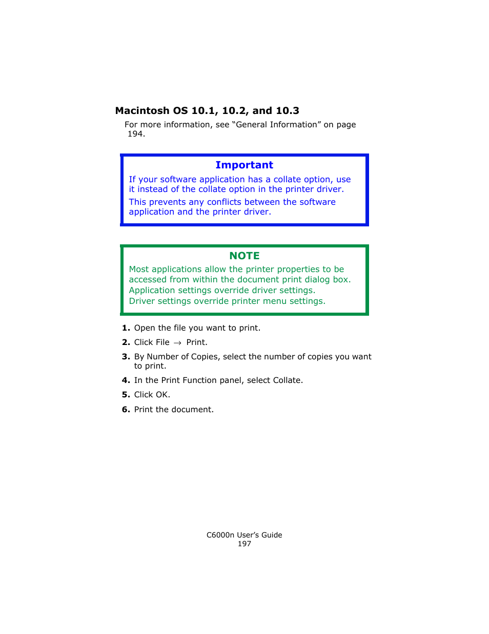 Macintosh os 10.1, 10.2, and 10.3, Important | Oki C 6000n User Manual | Page 197 / 324