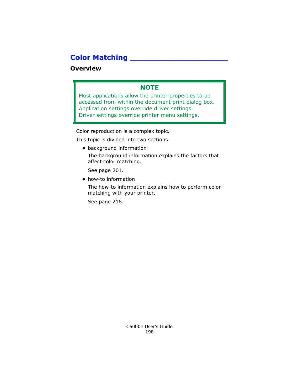Color matching, Overview | Oki C 6000n User Manual | Page 198 / 324