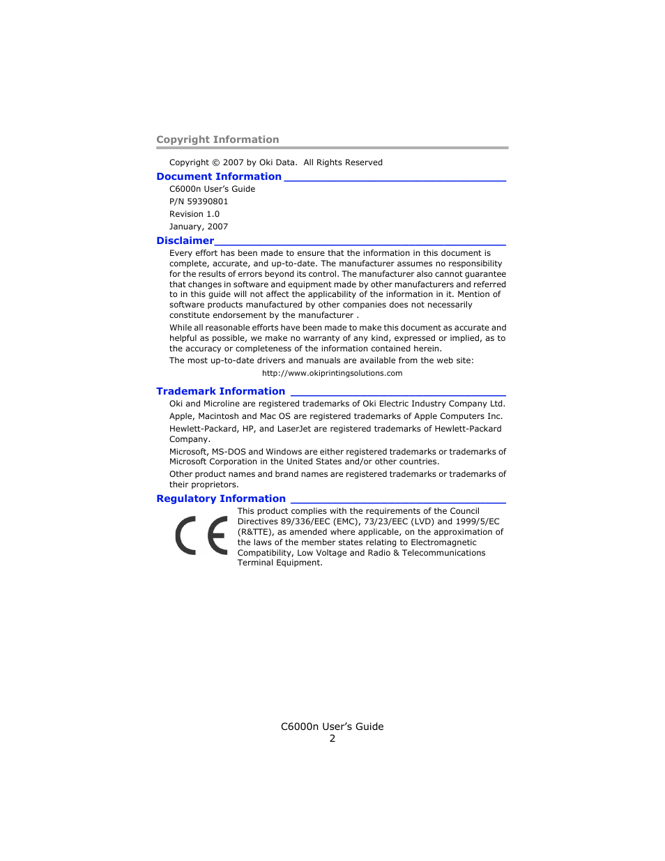 Copyright information, Document information, Disclaimer | Trademark information, Regulatory information | Oki C 6000n User Manual | Page 2 / 324