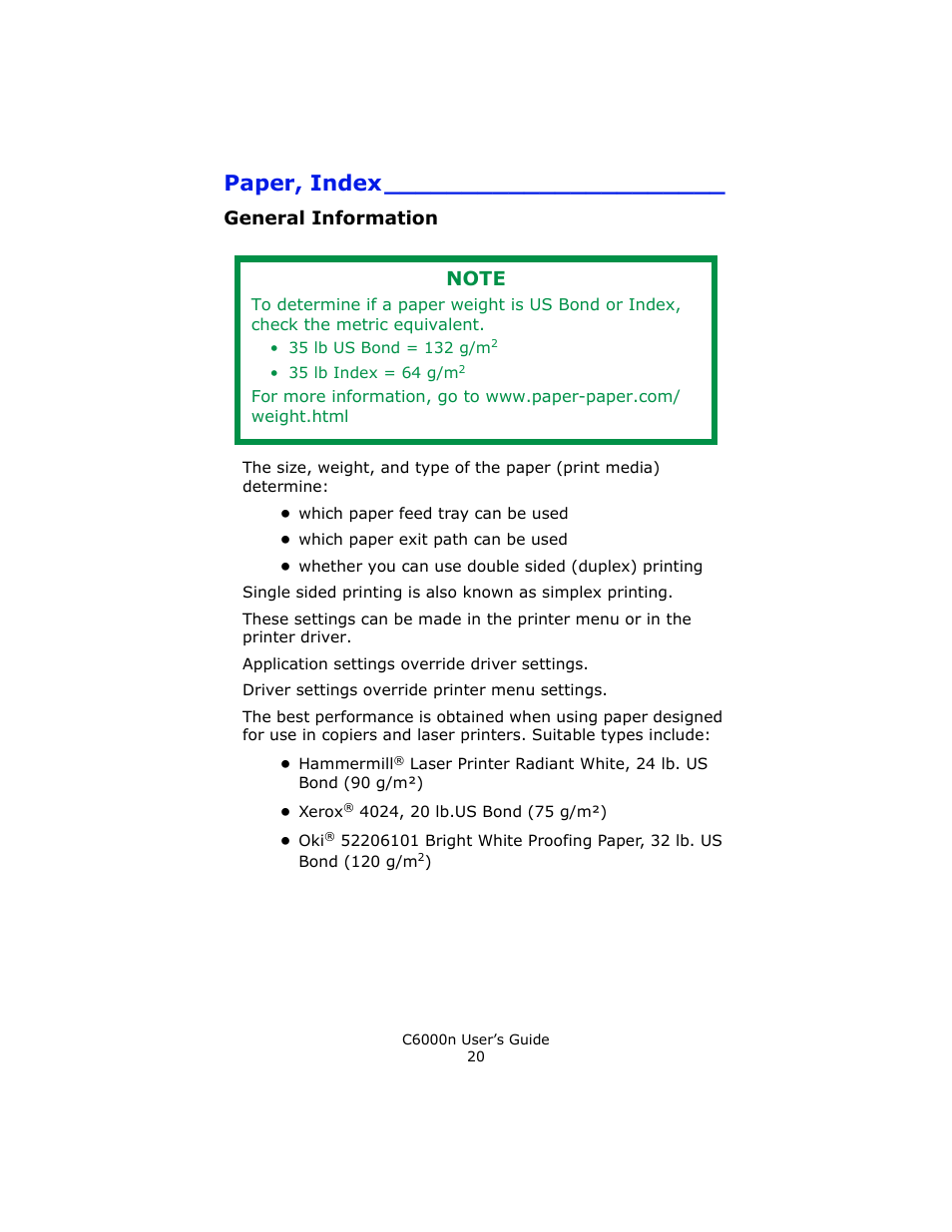 Paper, index, General information | Oki C 6000n User Manual | Page 20 / 324