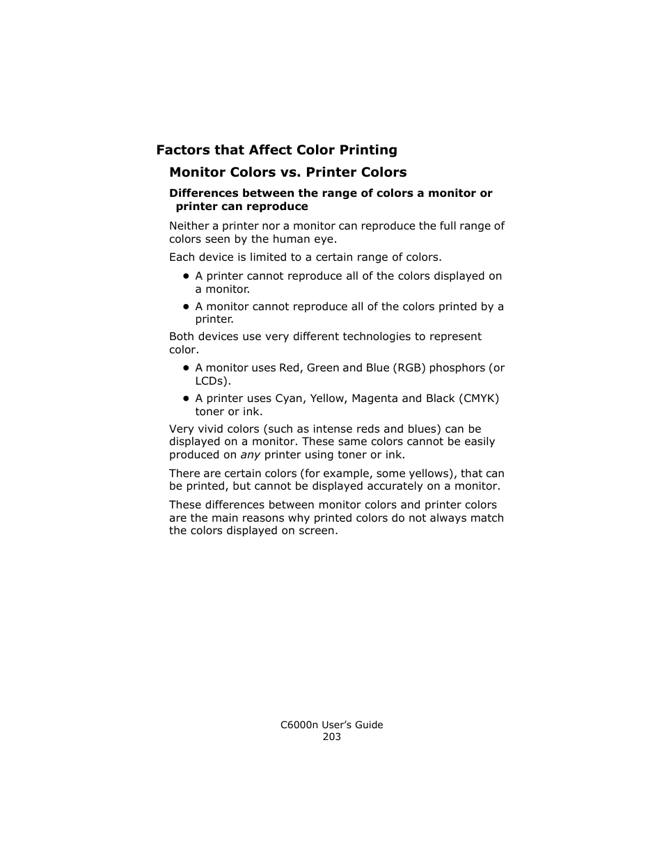 Monitor colors vs. printer colors | Oki C 6000n User Manual | Page 203 / 324