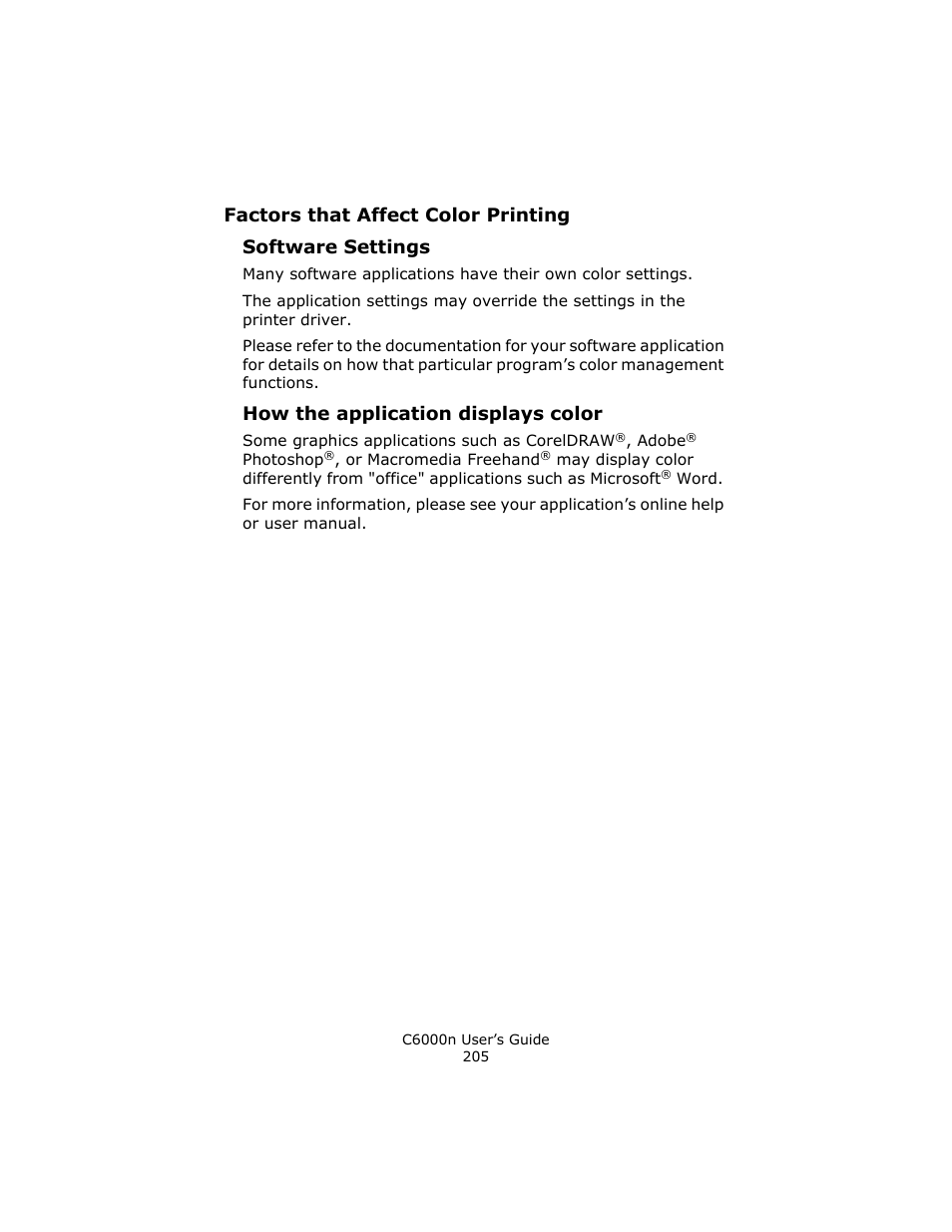 Software settings, How the application displays color | Oki C 6000n User Manual | Page 205 / 324