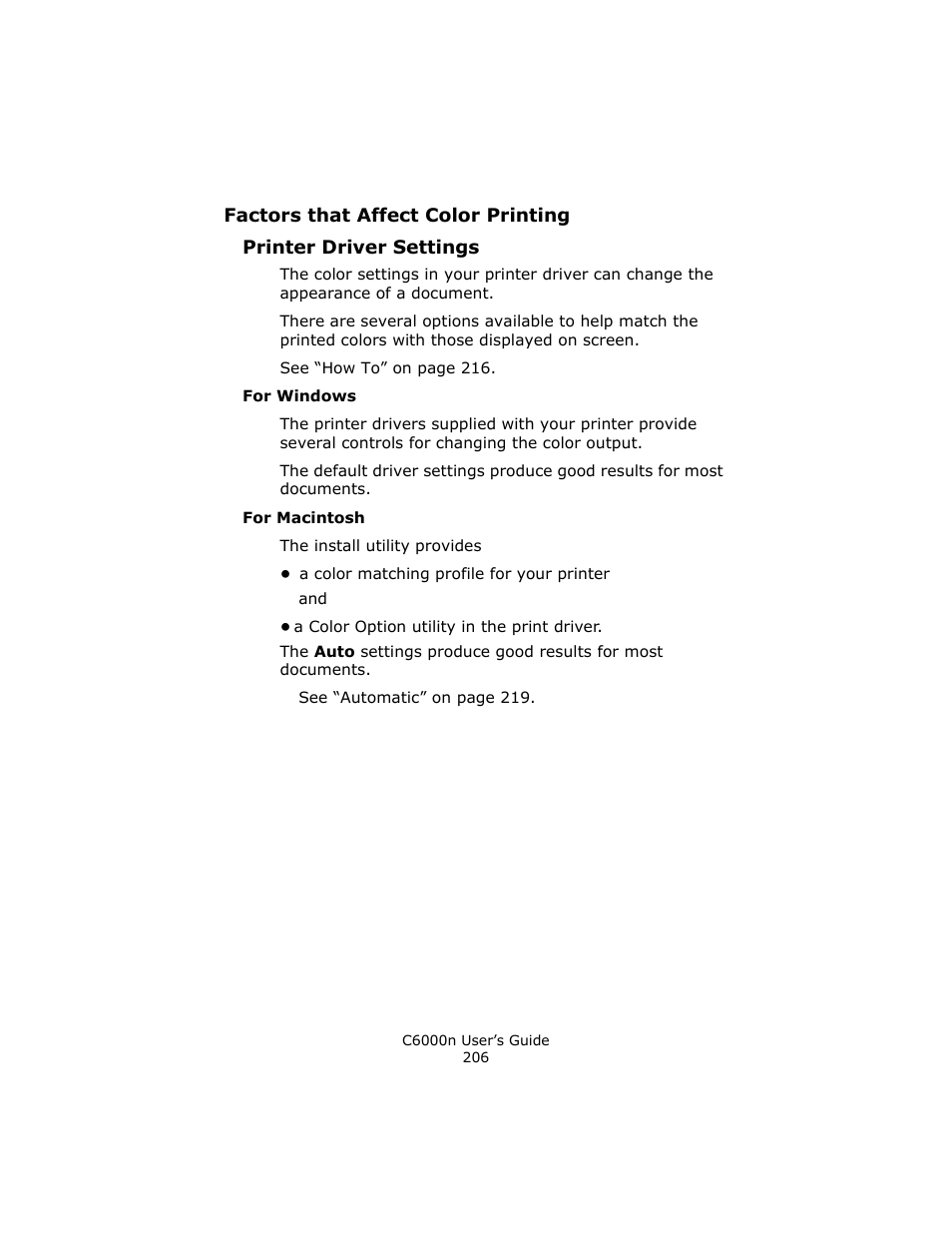 Printer driver settings, For windows, For macintosh | Oki C 6000n User Manual | Page 206 / 324