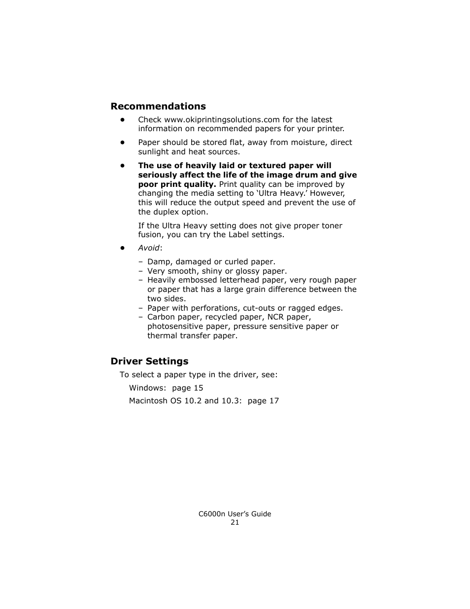 Recommendations, Driver settings | Oki C 6000n User Manual | Page 21 / 324