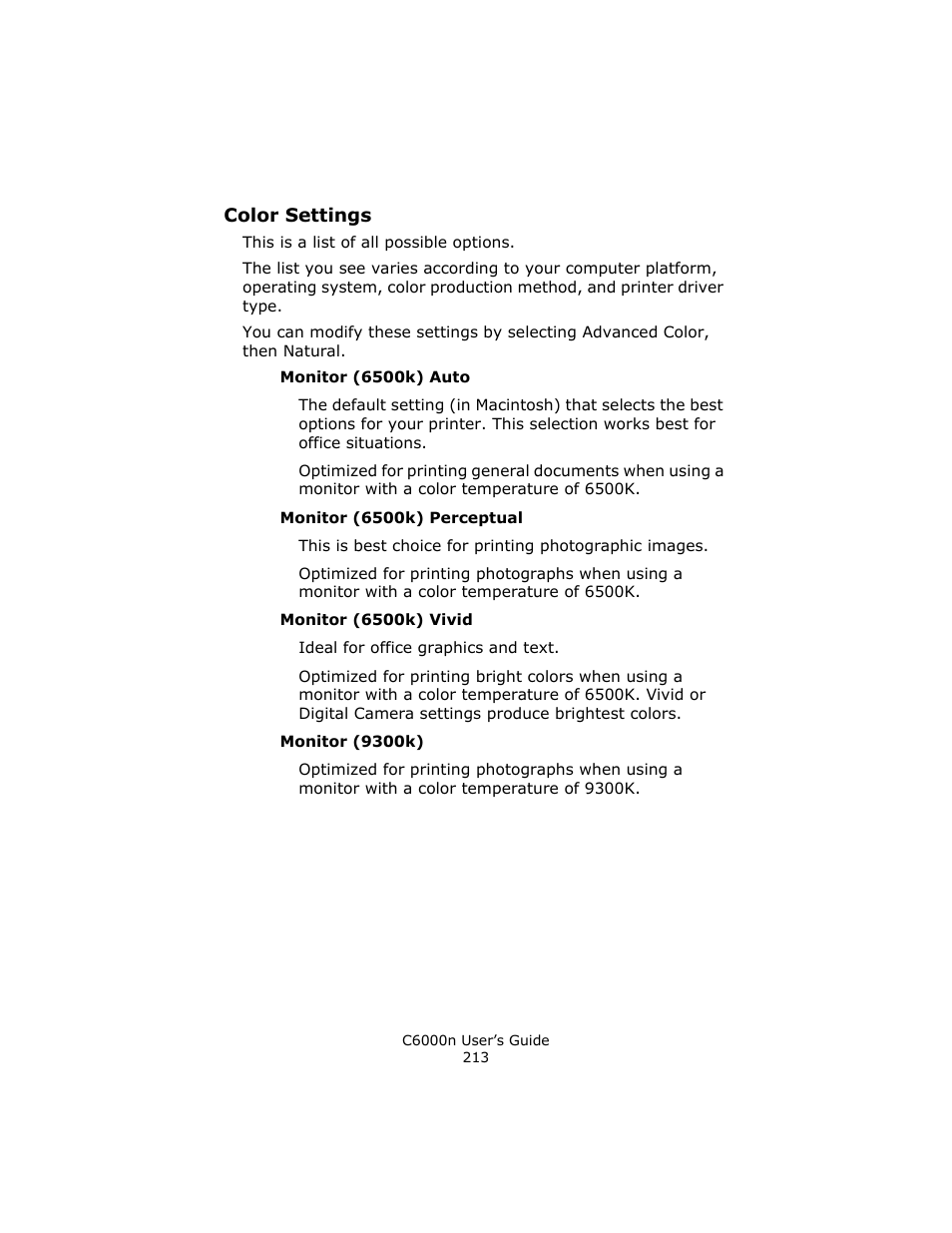 Color settings | Oki C 6000n User Manual | Page 213 / 324