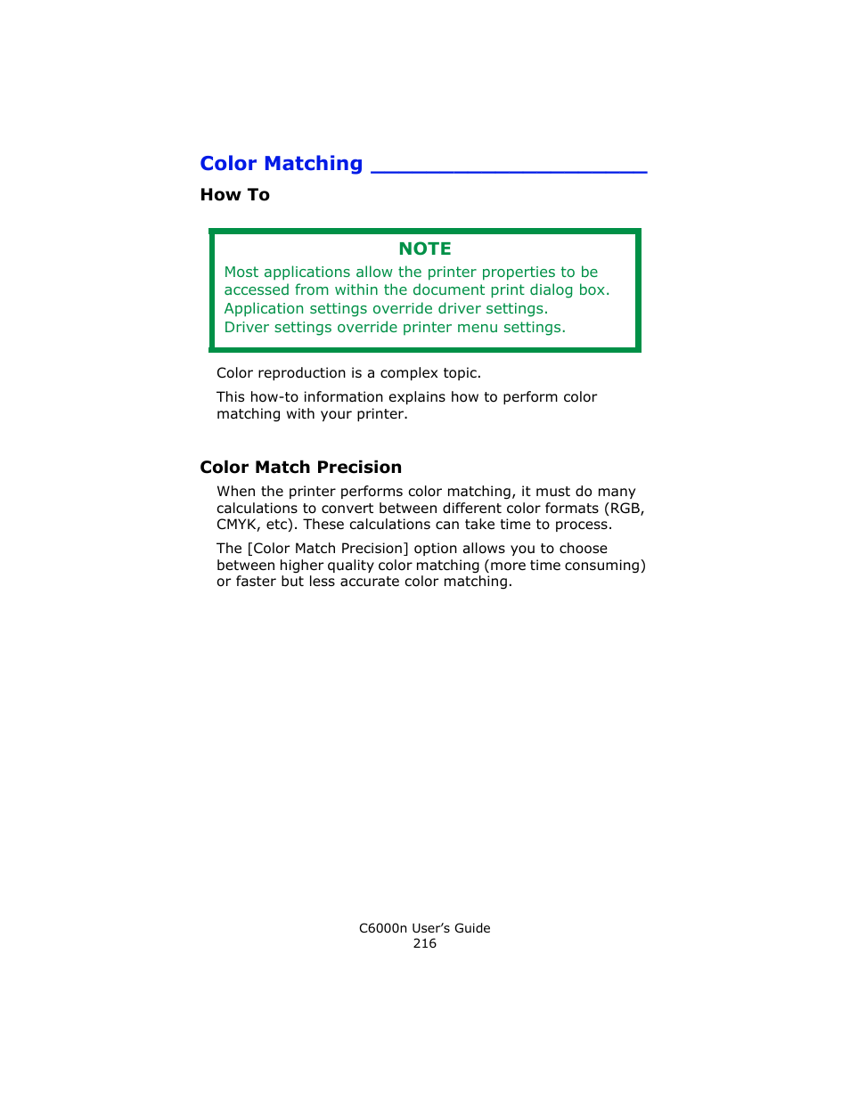 How to, Color match precision, Color matching | Oki C 6000n User Manual | Page 216 / 324