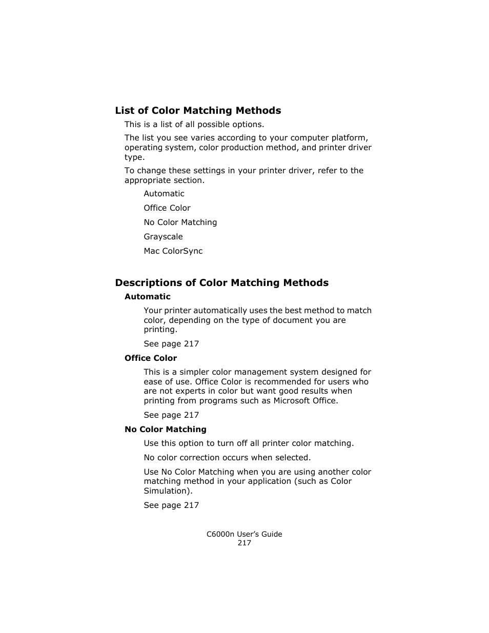 List of color matching methods, Descriptions of color matching methods | Oki C 6000n User Manual | Page 217 / 324