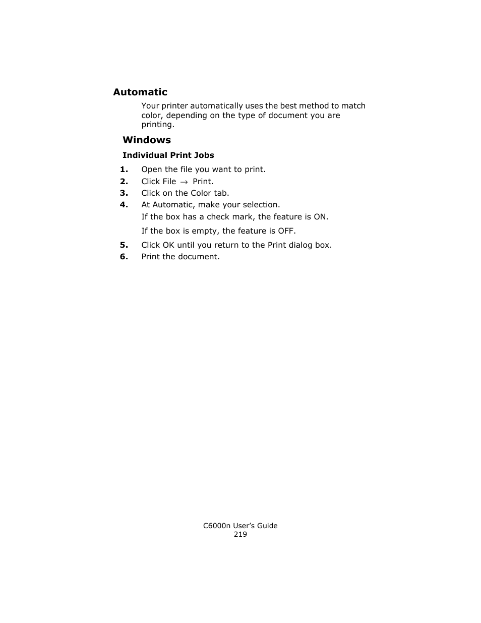 Automatic, Windows, Individual print jobs | Oki C 6000n User Manual | Page 219 / 324