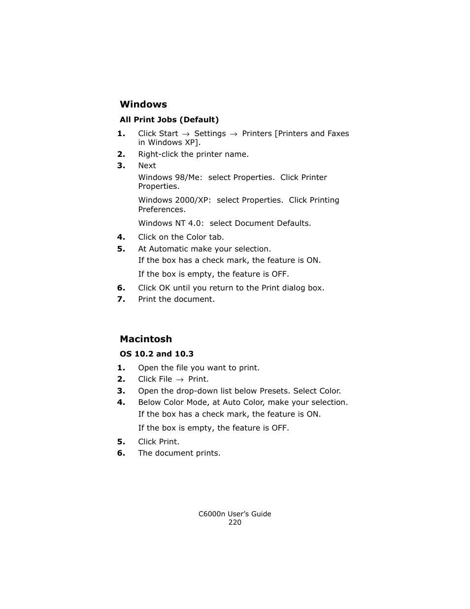 Windows, All print jobs (default), Macintosh | Os 10.2 and 10.3 | Oki C 6000n User Manual | Page 220 / 324