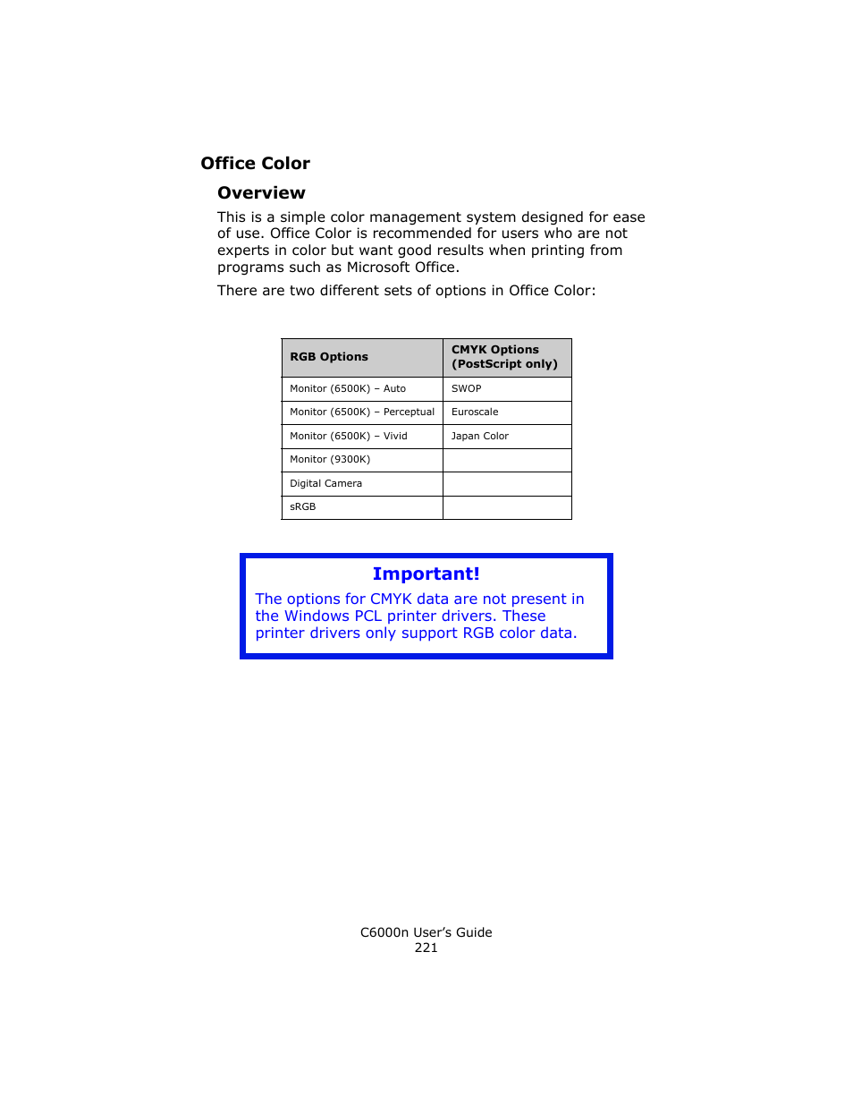 Office color, Overview, Important | Office color overview | Oki C 6000n User Manual | Page 221 / 324