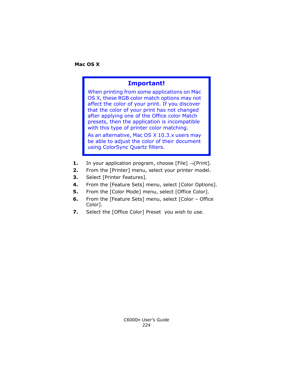 Mac os x, Important | Oki C 6000n User Manual | Page 224 / 324