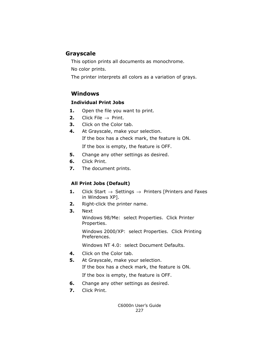 Grayscale, Windows, Individual print jobs | All print jobs (default) | Oki C 6000n User Manual | Page 227 / 324
