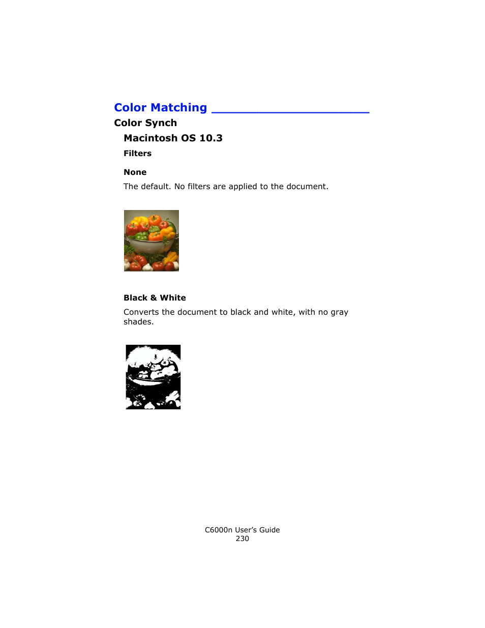 Filters, None, Black & white | Color matching | Oki C 6000n User Manual | Page 230 / 324