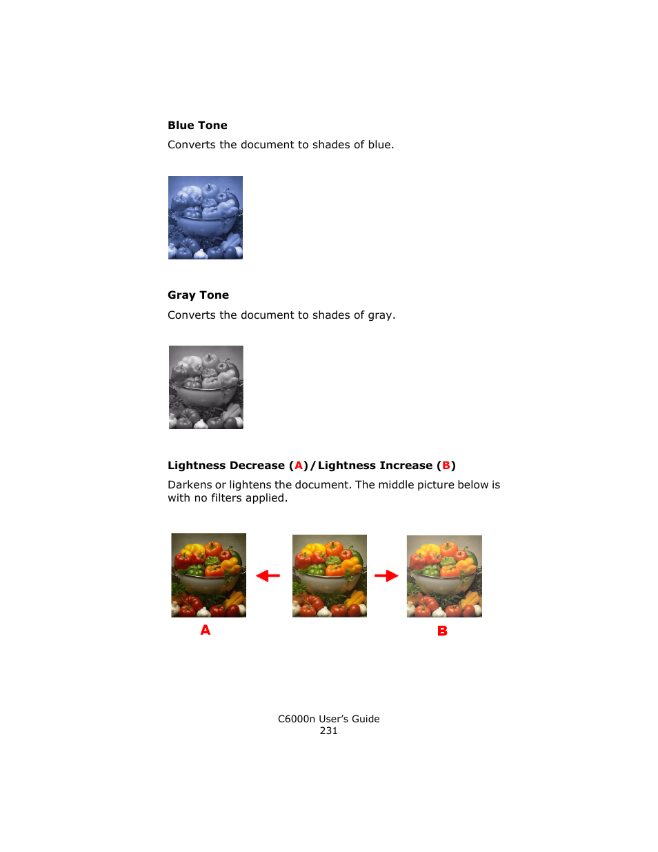 Blue tone, Gray tone, Lightness decrease (a) / lightness increase (b) | Oki C 6000n User Manual | Page 231 / 324