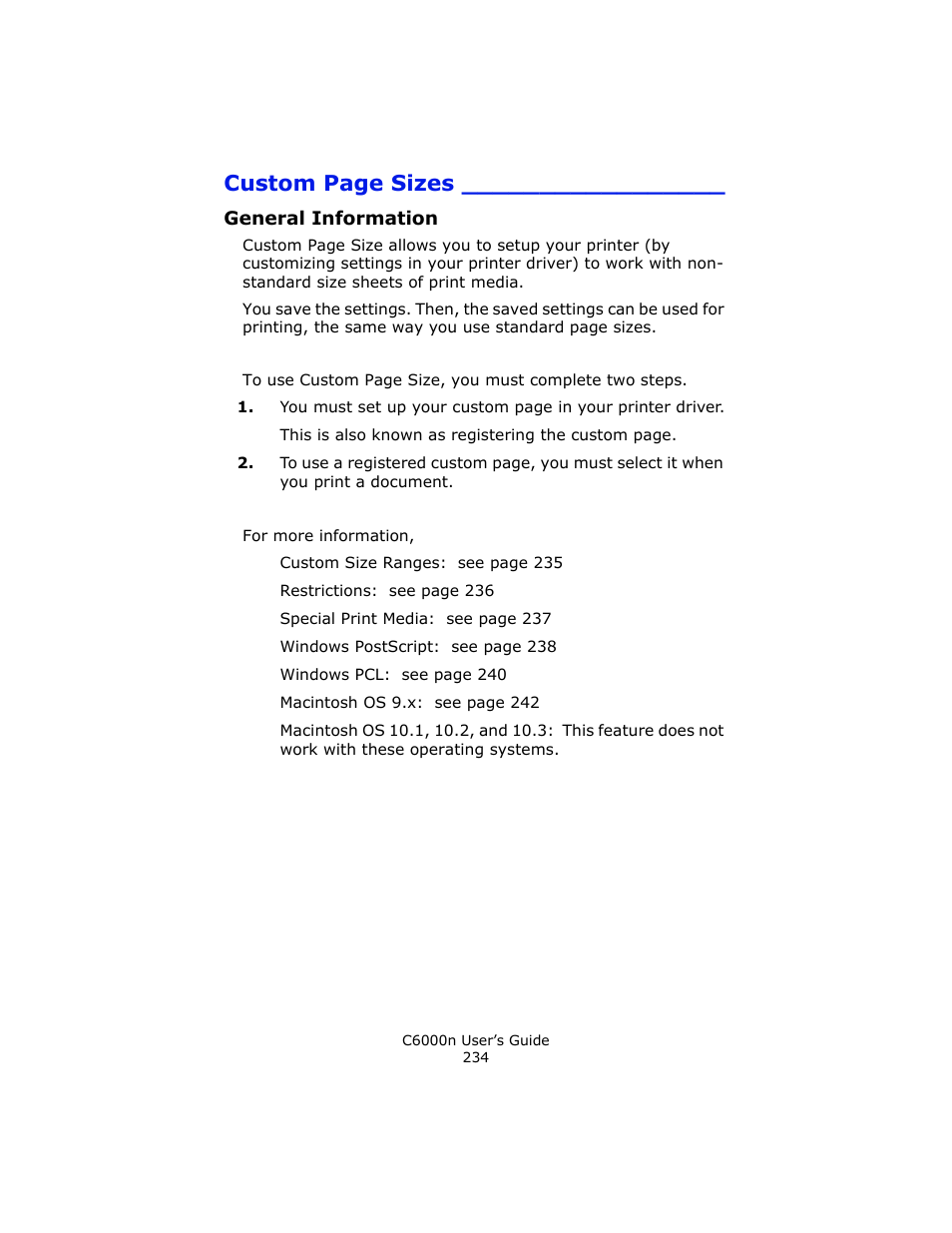 General information, Custom page sizes | Oki C 6000n User Manual | Page 234 / 324