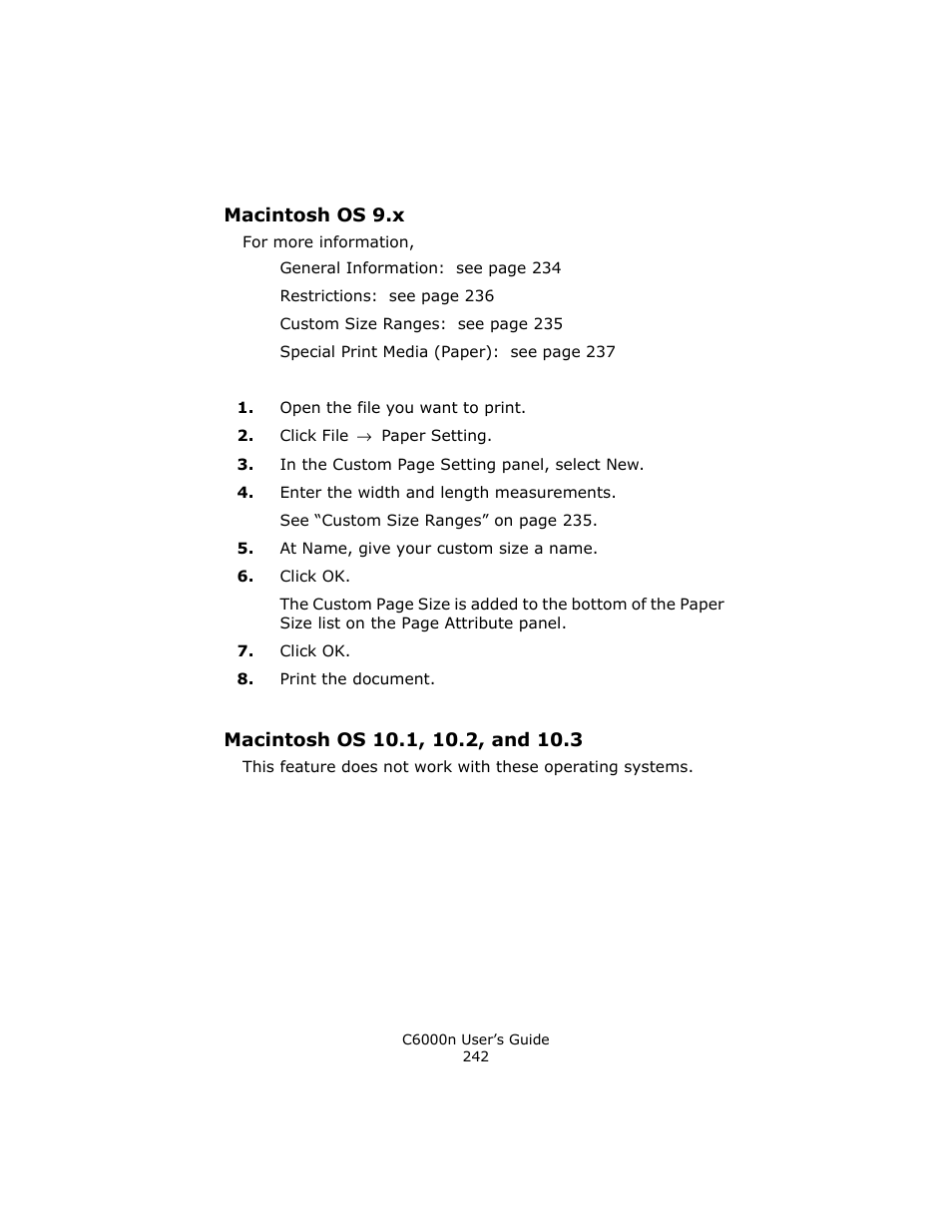 Macintosh os 9.x, Macintosh os 10.1, 10.2, and 10.3 | Oki C 6000n User Manual | Page 242 / 324