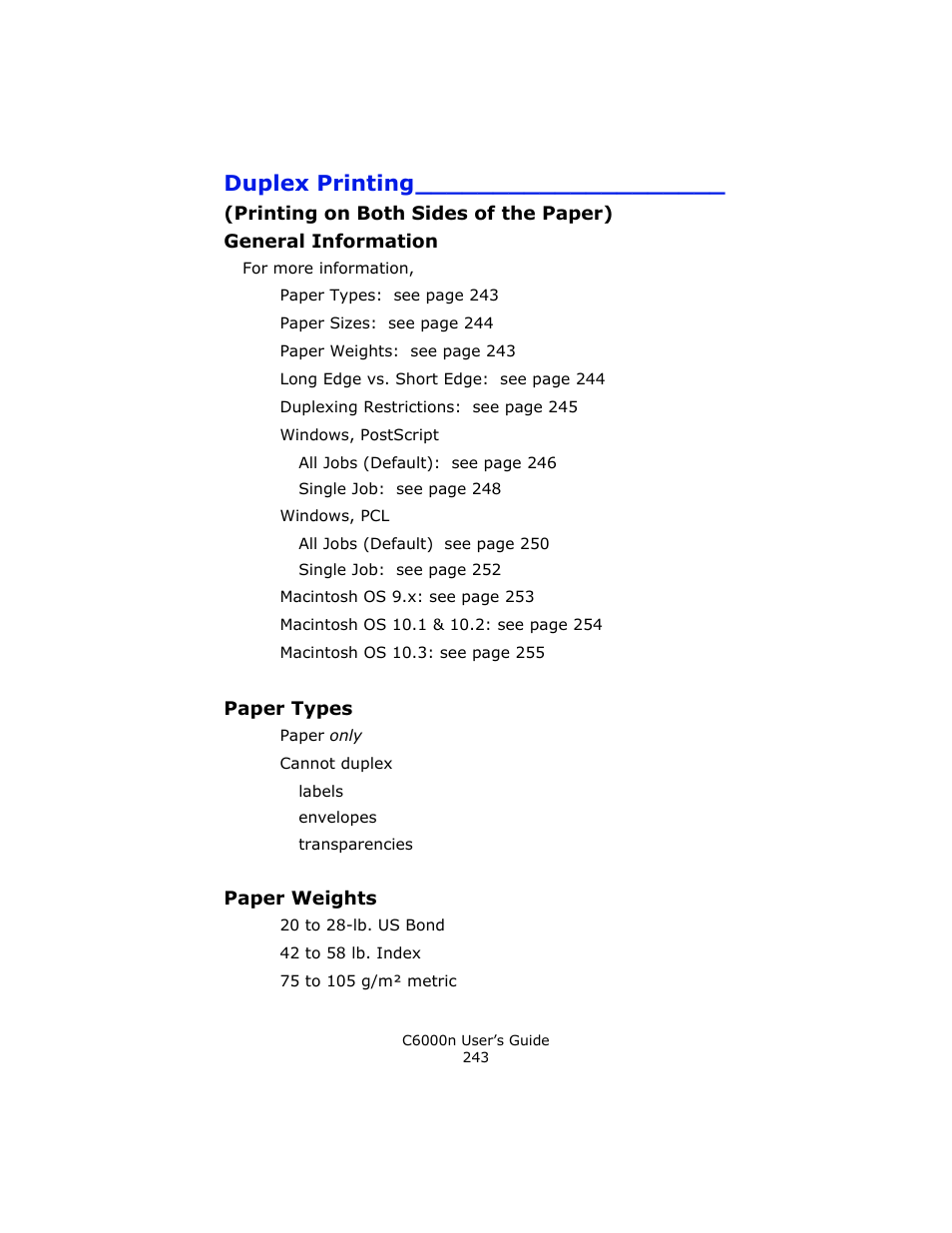 Duplex printing, Printing on both sides of the paper), General information | Paper types, Paper weights | Oki C 6000n User Manual | Page 243 / 324