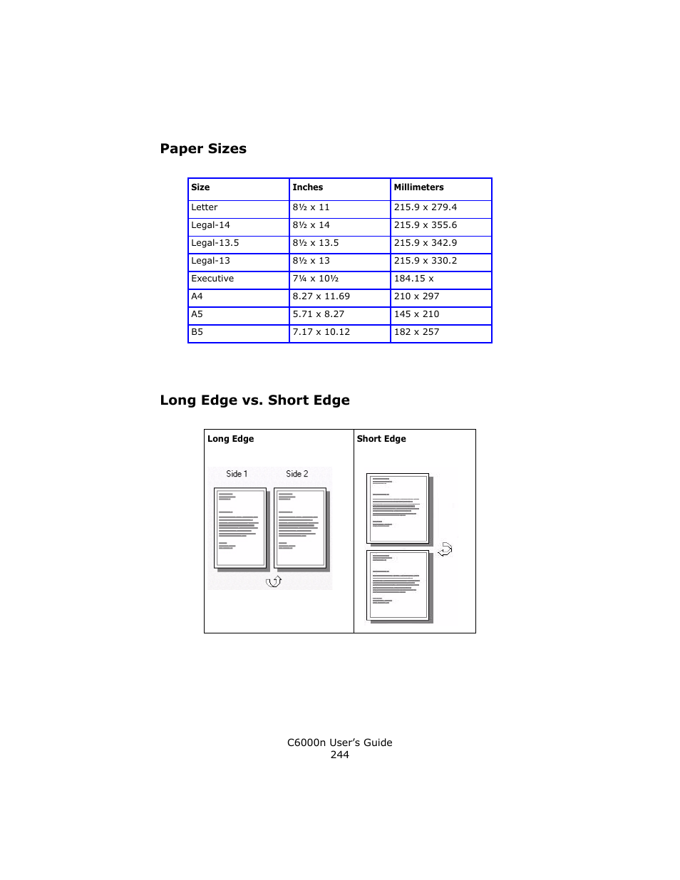 Paper sizes, Long edge vs. short edge, Paper sizes long edge vs. short edge | Oki C 6000n User Manual | Page 244 / 324