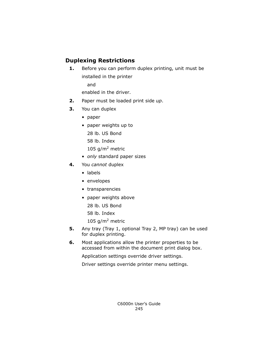 Duplexing restrictions | Oki C 6000n User Manual | Page 245 / 324
